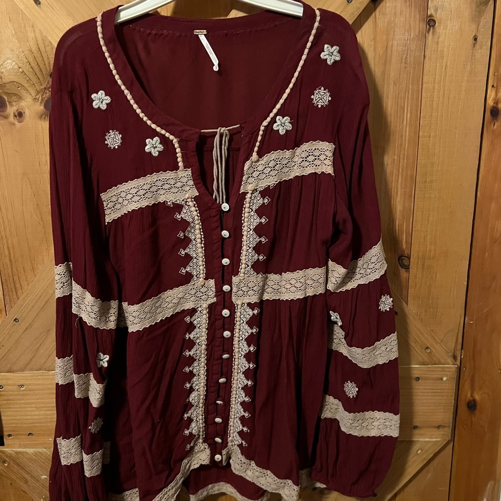 Burgundy Boho Blouse with Lace Accents